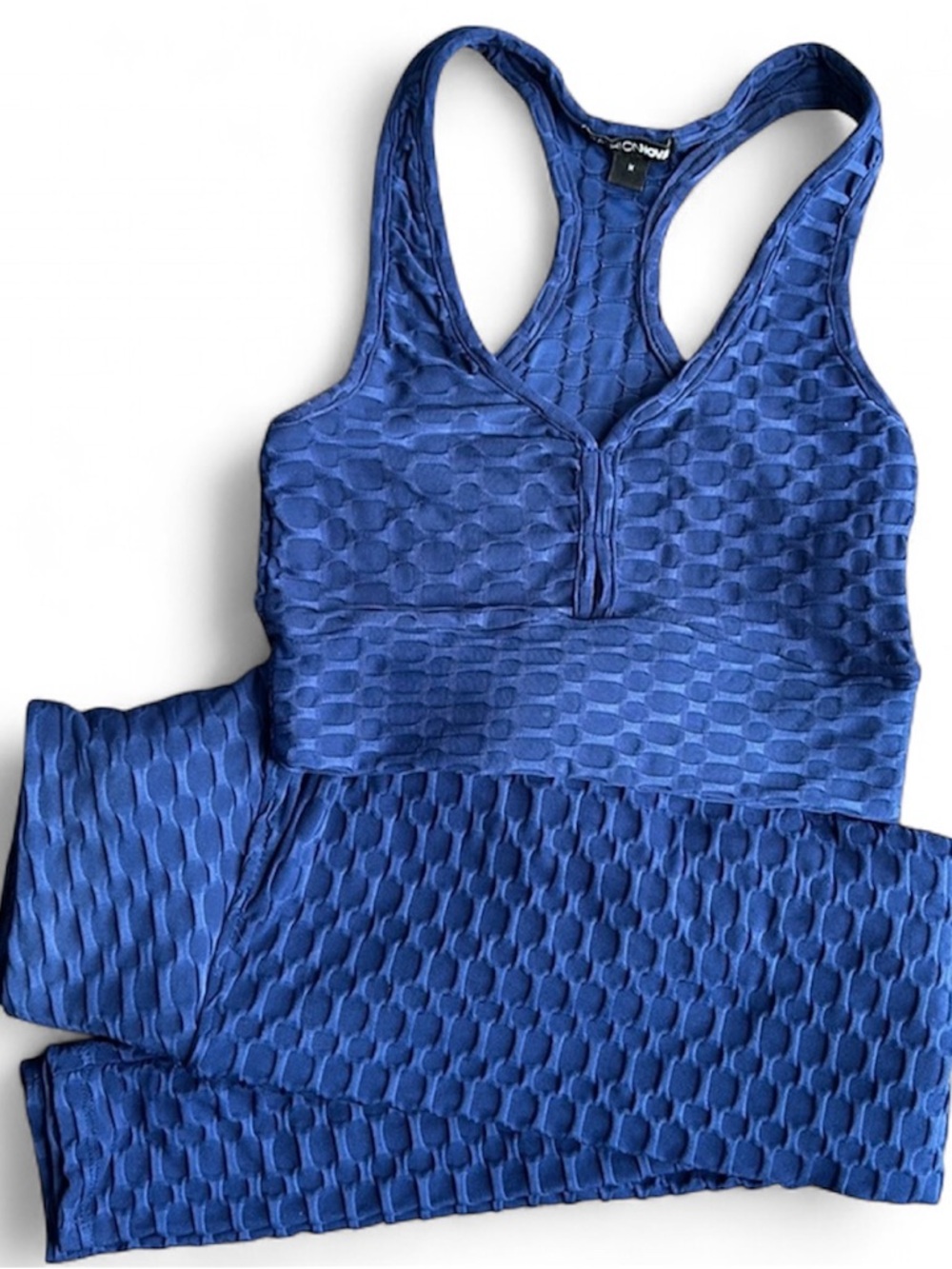 Fashion Nova 2 piece matching set navy blue honeycomb tank scrunch leggings M